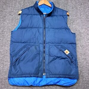 Vtg 90s Academy‎ Broadway Vest Men L Large Goose Down Nylon Blue Winter Ski Bar
